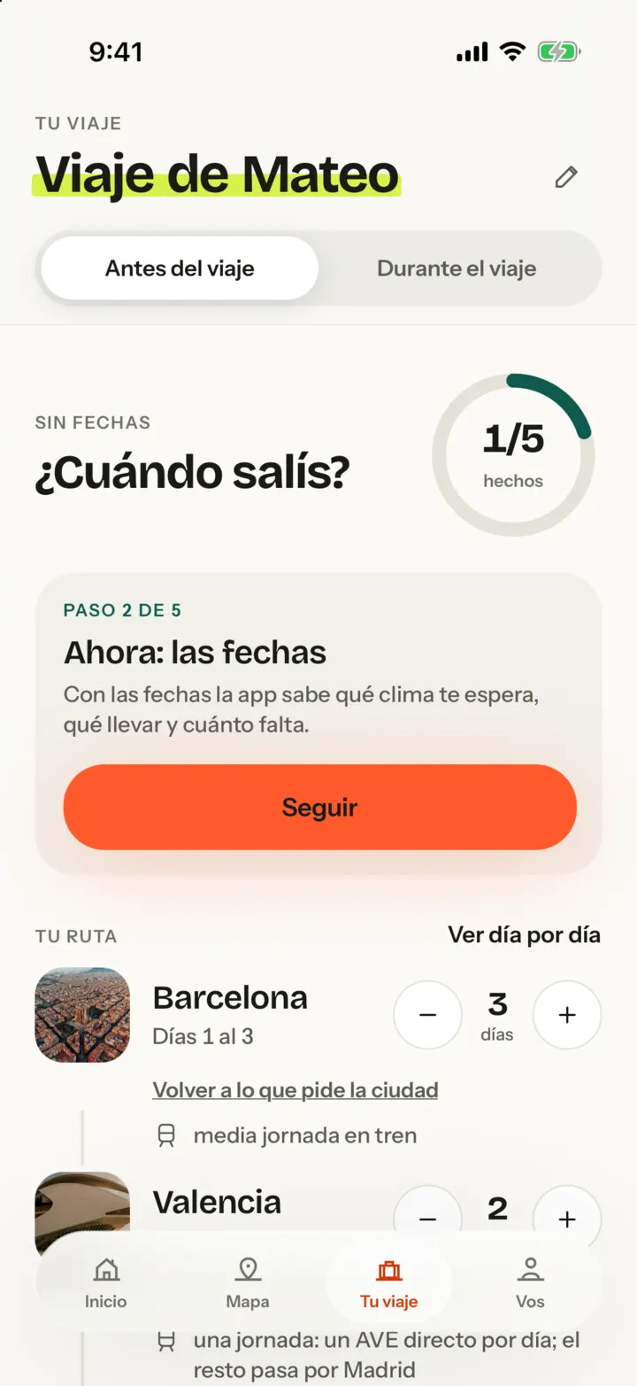 Tu viaje en la app: Barcelona tres días y Valencia dos, con media jornada en tren entre las dos.