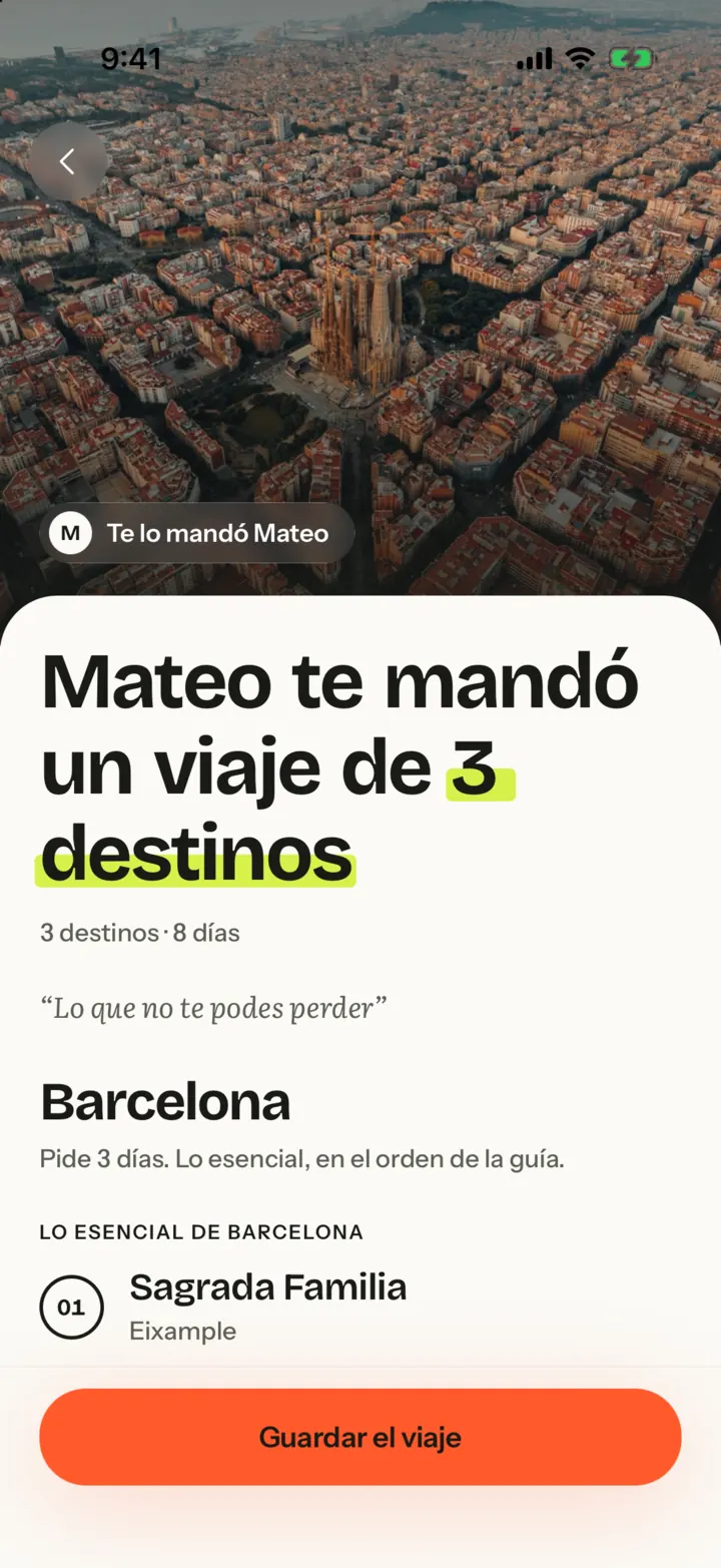 El viaje que llega: «Mateo te mandó un viaje de 3 destinos», con el botón Guardar el viaje.